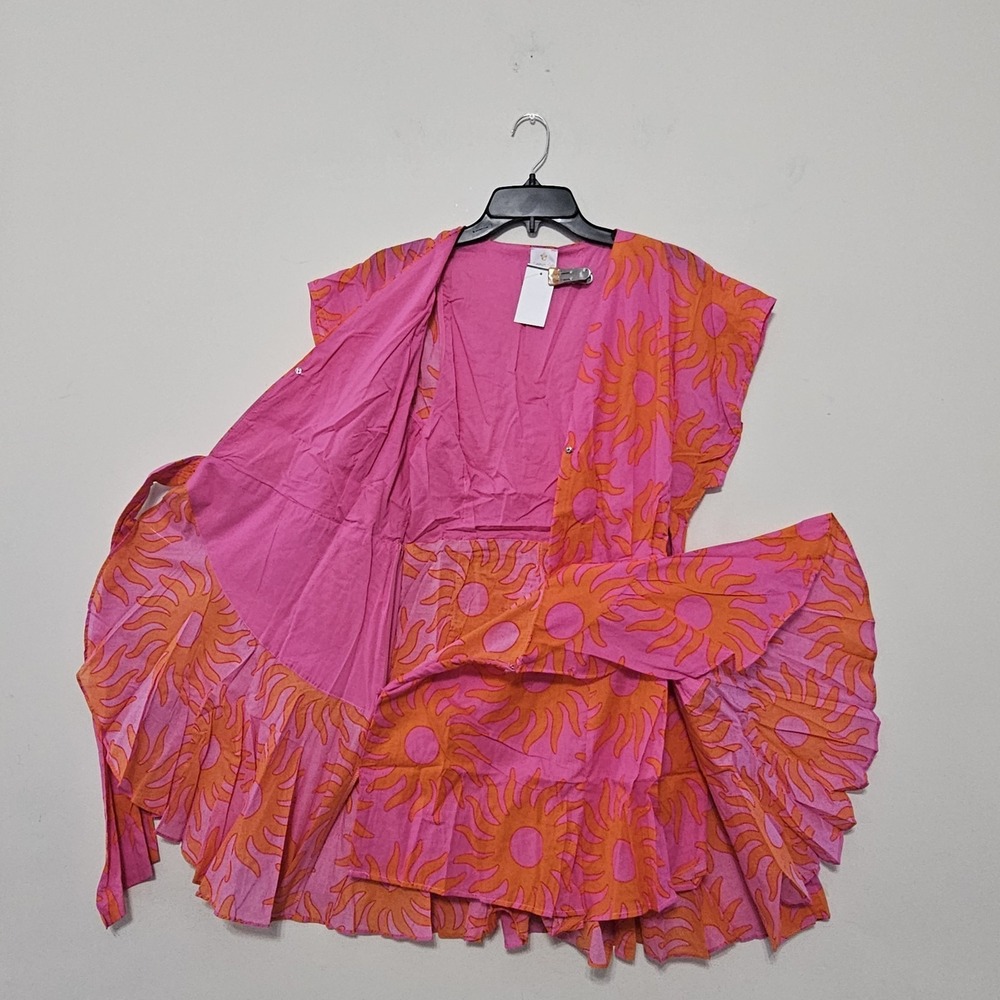 J Marie Women's Romper Medium Pink Orange Multicolor Belt Hem Wrap V-Neck 581 - Picture 4 of 16